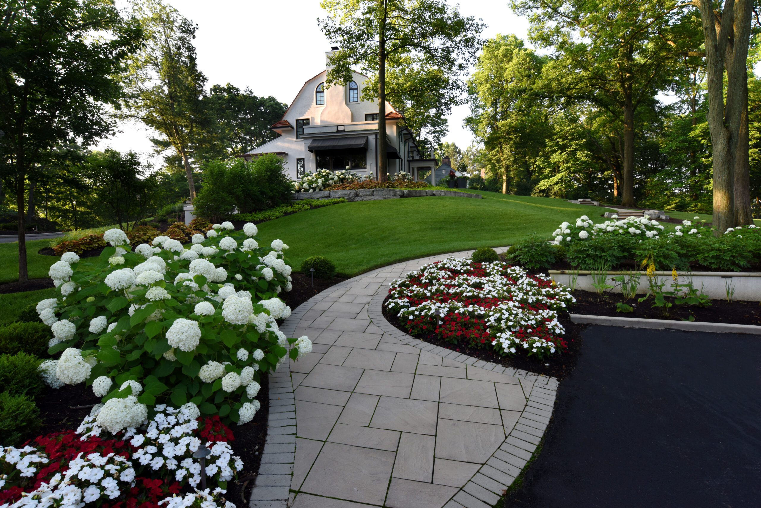paver patio walkway surrounded by plants